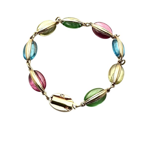 Swarovski Multicolor Crystal Bracelet Gold Tone Swan Signed 7.5 Inch Pastel - Picture 2 of 3